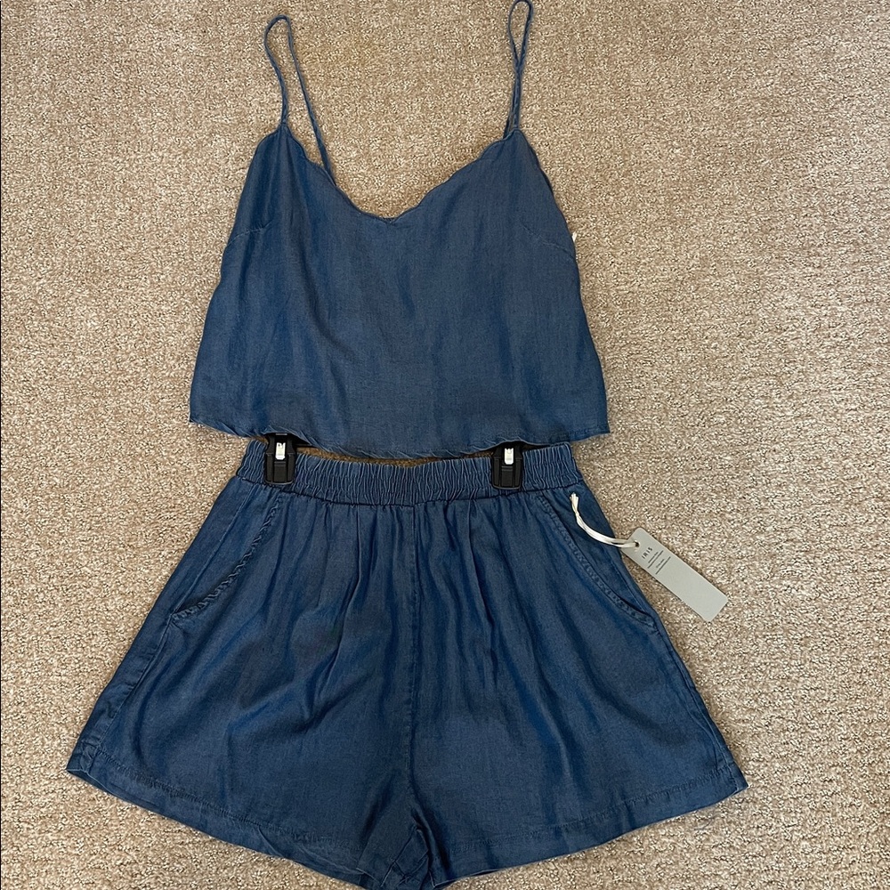 NWT IRIS DARK BLUE DENIM 2PC SPAGHETTI TOP AND SHORT SET. SIZE SMALL.